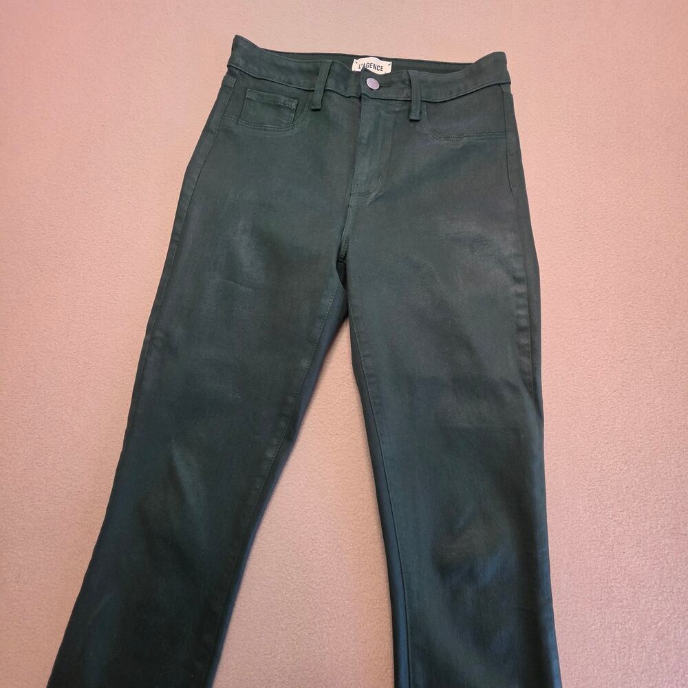 L'Agence Margot High-Rise Coated Skinny Jeans Moss Green Sz 27 Leather Look